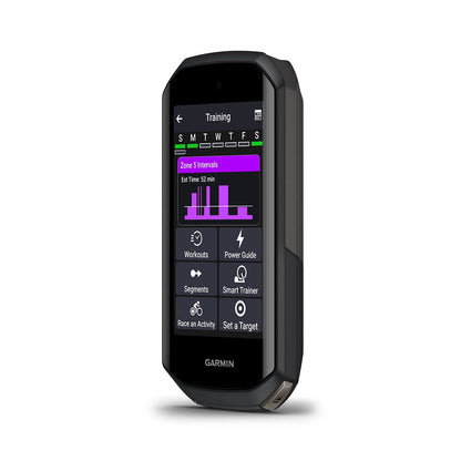 Compteur GPS GARMIN EDGE 1050 — vue de trois quarts, menu d’entraînement
