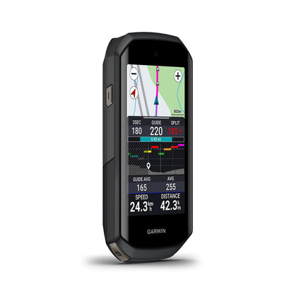 Compteur GPS GARMIN EDGE 1050 — vue de trois quarts, données de parcours