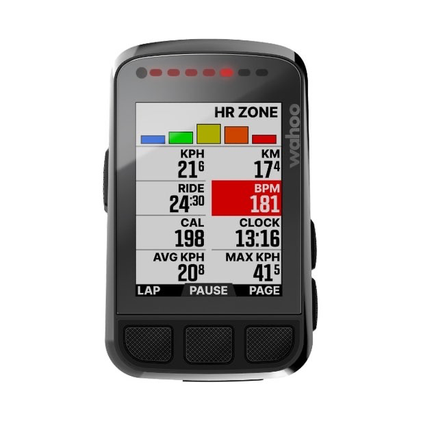 Compteur GPS WAHOO ELEMNT BOLT V2 — vue de face, données et zones cardiaques