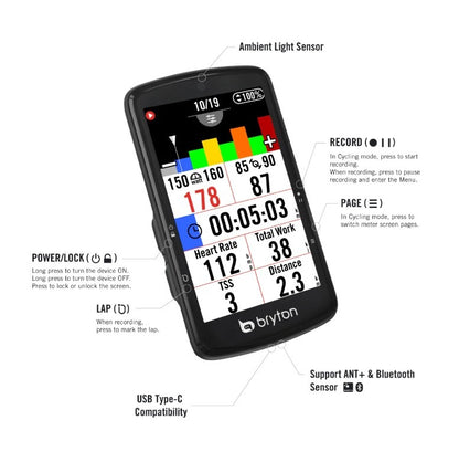 Compteur GPS BRYTON RIDER S810E — présentation des boutons et connexions