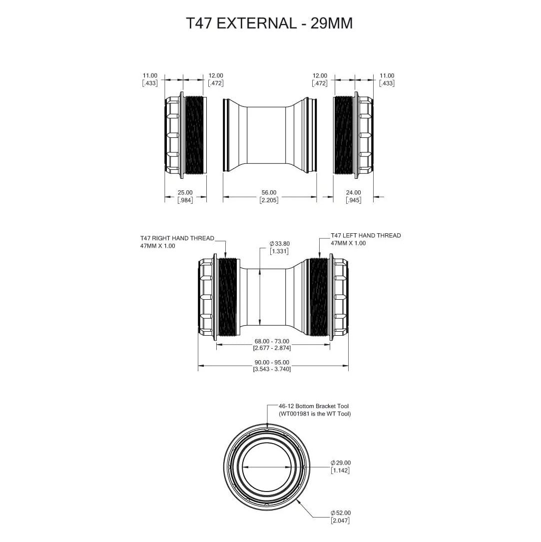 Boitier de Pédalier WOLFTOOTH T47 Externe 29mm SRAM DUB Raw Silver
