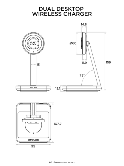 Double Chargeur à induction de bureau QUADLOCK MAG — dimensions du double chargeur
