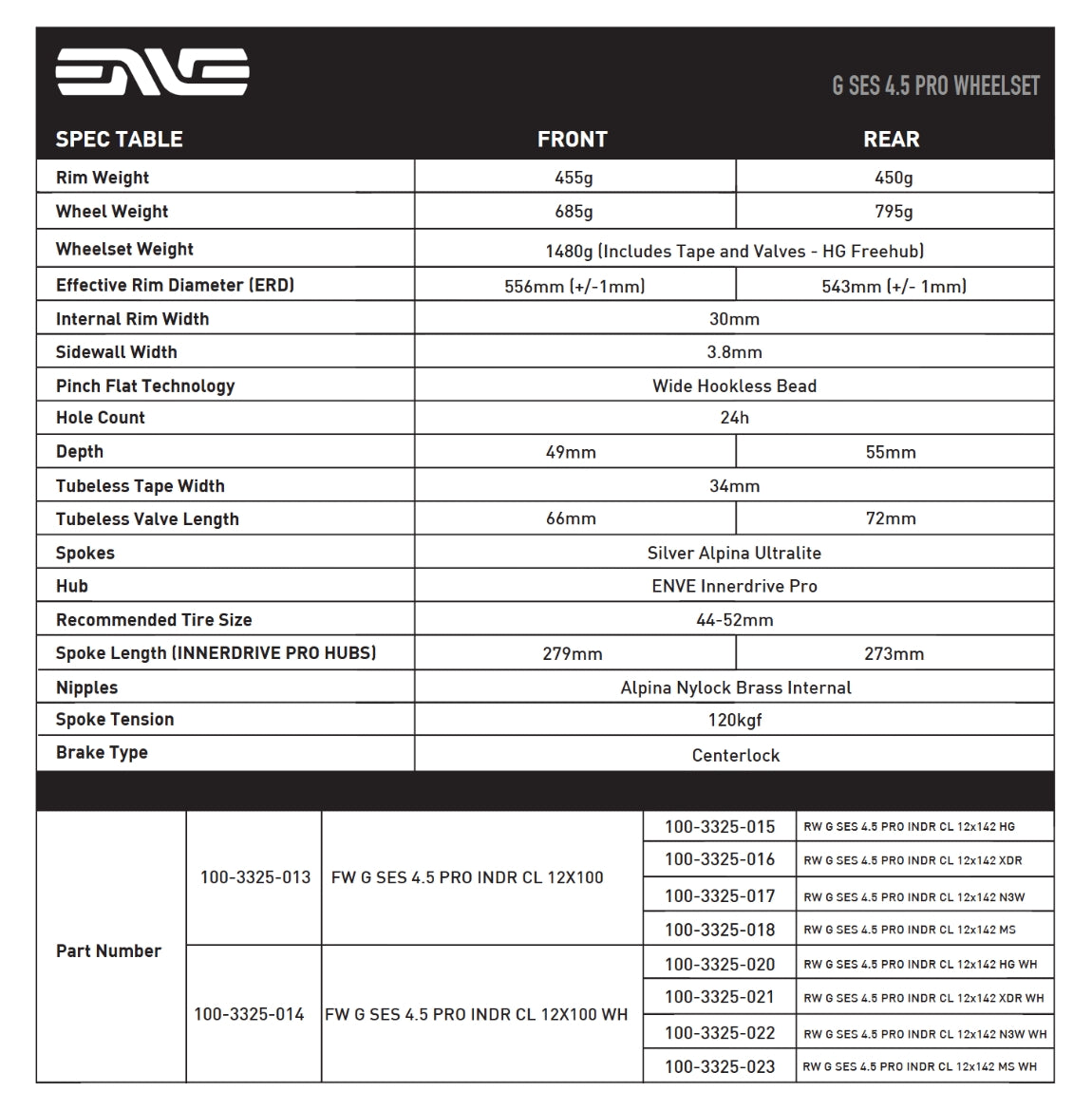 Roue Avant ENVE G SES 4.5 PRO Tubeless Ready (Center Lock) Noir/Chrome