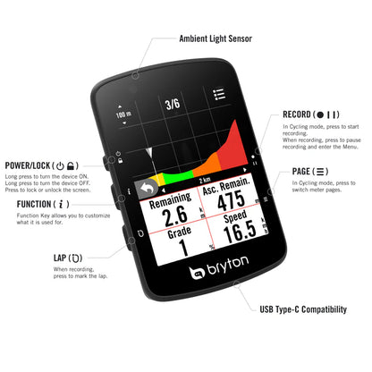 Compteur GPS BRYTON RIDER 650 E — présentation des boutons et connexions