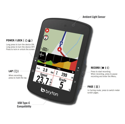 Compteur GPS BRYTON RIDER S510E — présentation des boutons et connexions