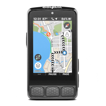 Compteur GPS WAHOO ELEMNT ROAM V3 — vue de face, carte du parcours