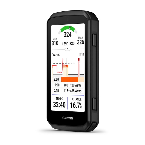Compteur GPS GARMIN EDGE 1060 — vue de trois quarts, données de parcours